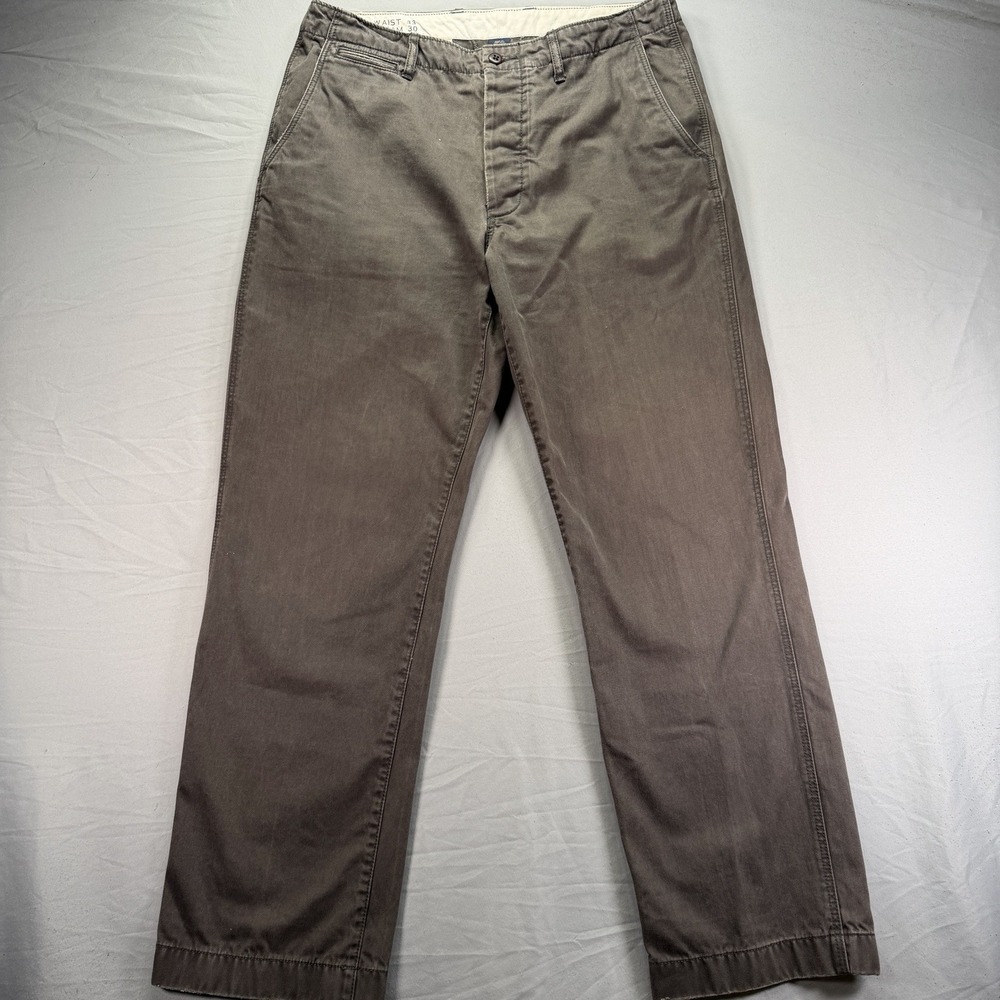 J Crew Chino Pants Mens 33x30 Brown Canvas Button Fly Military Style Cotton